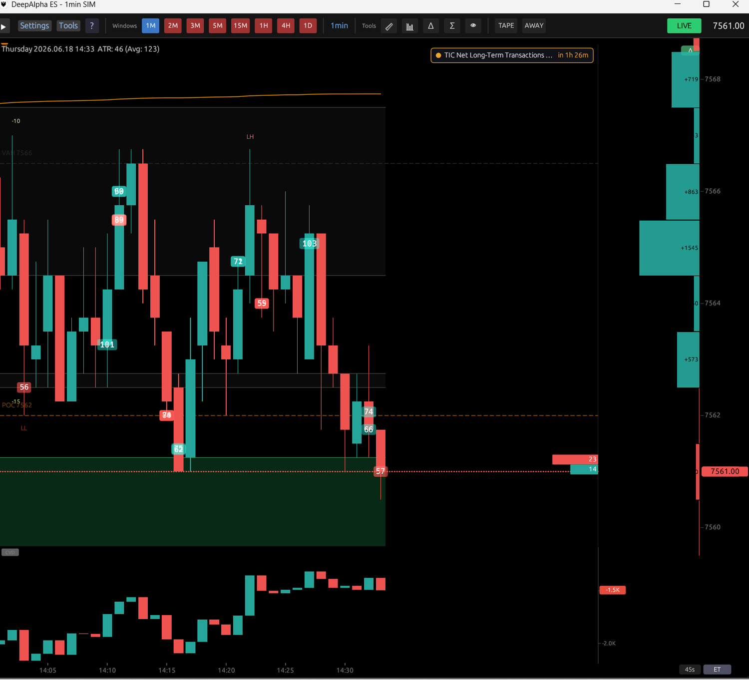 DeepAlpha chart with clustered big-trade prints, swing-structure labels, point-of-control and value-area levels, with a CVD pane and horizontal volume profile